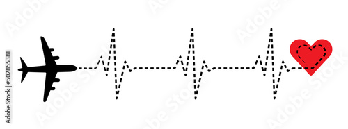 Heart rhythm, heartbeat line vector design with red heart and airplane. Medical design to use in healthcare, healthy lifestyle, medicine and ekg concept illustration projects. 