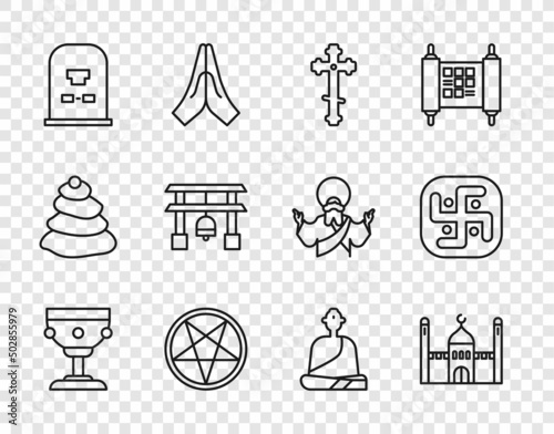 Set line Christian chalice, Muslim Mosque, cross, Pentagram in circle, Tombstone with RIP written, Japan Gate, Buddhist monk and Jainism icon. Vector