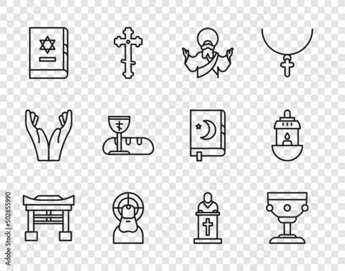 Set line Japan Gate, Christian chalice, Jesus, Jewish torah book, First communion symbols, Church pastor preaching and Ramadan Kareem lantern icon. Vector