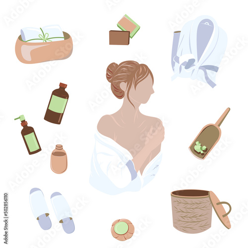 Set for women applying cleansing and moisturizing body skincare products at home. SPA skincare with salt and soap, jute box for cosmetics. Colored flat graphic vector illustration isolated on white
