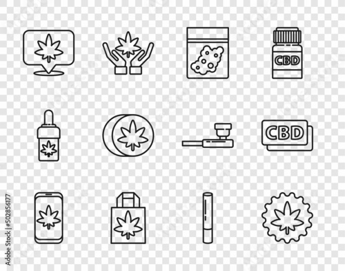 Set line Mobile and marijuana or cannabis, Marijuana leaf, Plastic bag of, Shopping paper, Location, Herbal ecstasy tablets, joint and Cannabis molecule icon. Vector