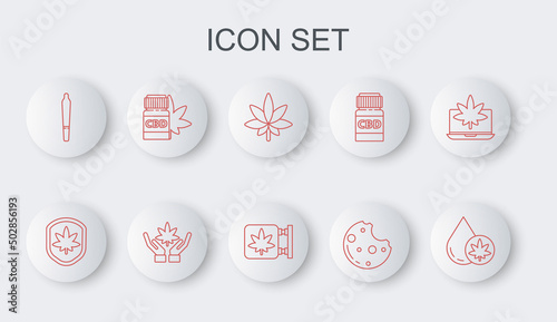 Set line Marijuana or cannabis olive oil, Shield and marijuana leaf, Cookies with, joint, Medical bottle, and store icon. Vector