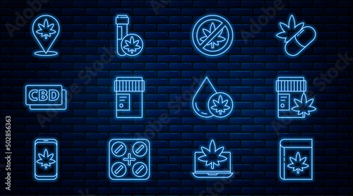 Set line Book and marijuana or cannabis, Medical bottle with, Stop leaf, Cannabis molecule, Location, Marijuana olive oil and Chemical test tube icon. Vector