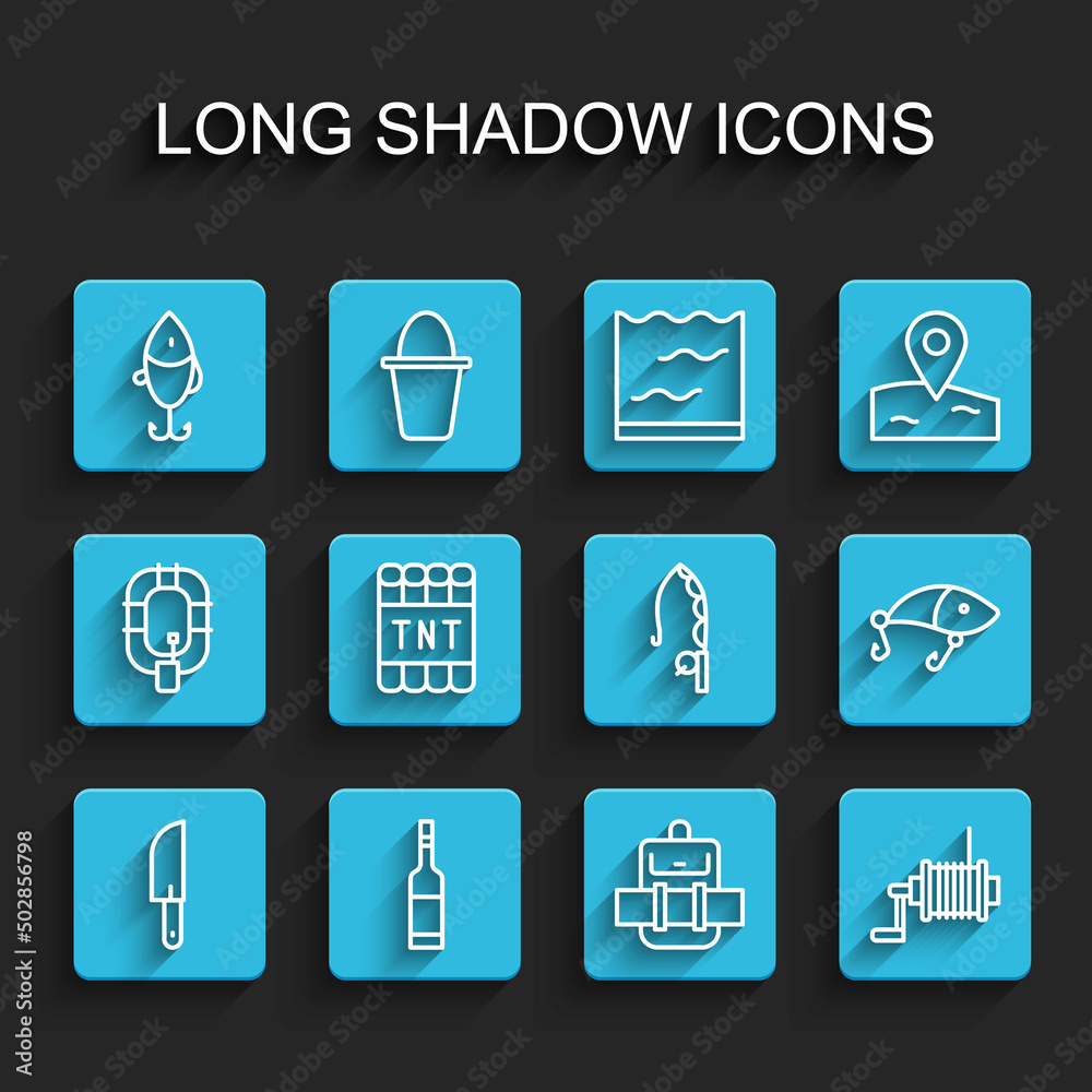 Set line Knife, Bottle of vodka, Fishing lure, Hiking backpack, Spinning reel for fishing, Detonate dynamite bomb stick, and rod icon. Vector Set line Knife, Bottle of vodka, Fishing lure, Hiking backpack, Spinning reel for fishing, Detonate dynamite bomb stick, and rod icon. Vector