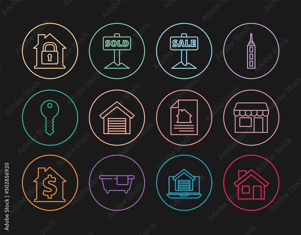Set line House, Market store, Hanging sign with Sale, Garage, key, under protection, contract and text Sold icon. Vector Set line House, Market store, Hanging sign with Sale, Garage, key, under protection, contract and text Sold icon. Vector