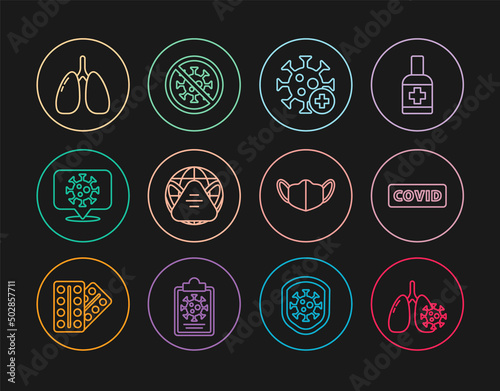 Set line Virus cells in lung, Corona virus covid-19, Positive, Earth with medical mask, location, Lungs, Medical protective and Stop icon. Vector
