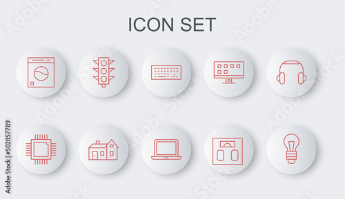Set line Light bulb, Processor with microcircuits CPU, Keyboard, Bathroom scales, Washer, Traffic light, House and Laptop icon. Vector