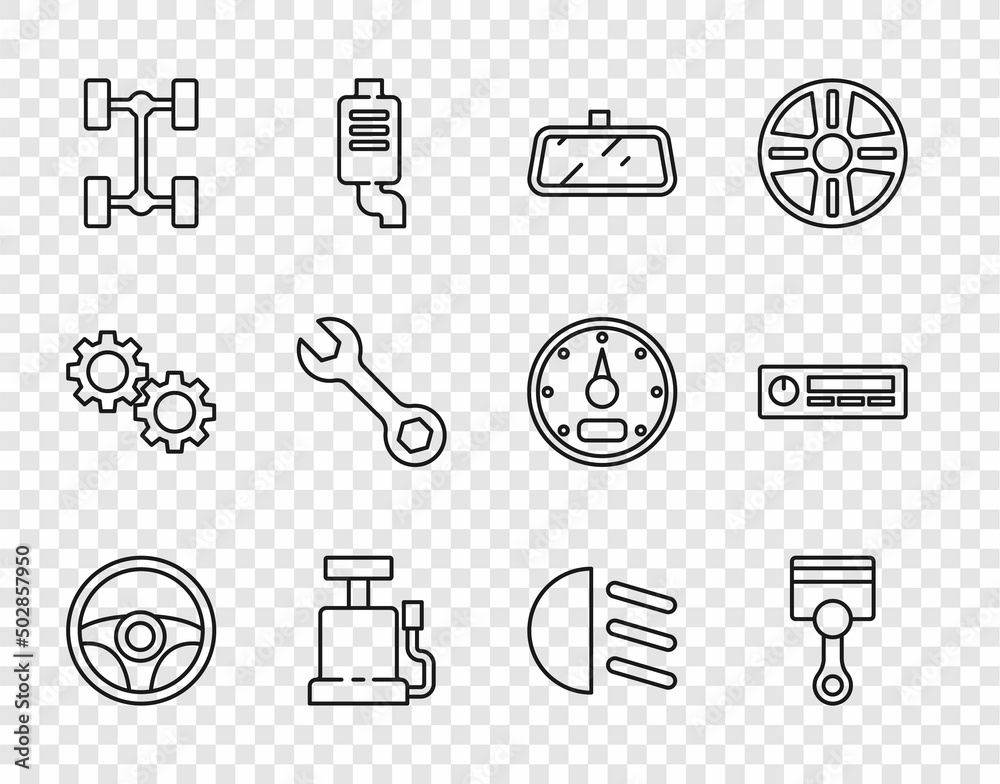Set line Steering wheel, Engine piston, Car mirror, air pump, Chassis car, Wrench spanner, High beam and Audio icon. Vector Set line Steering wheel, Engine piston, Car mirror, air pump, Chassis car, Wrench spanner, High beam and Audio icon. Vector