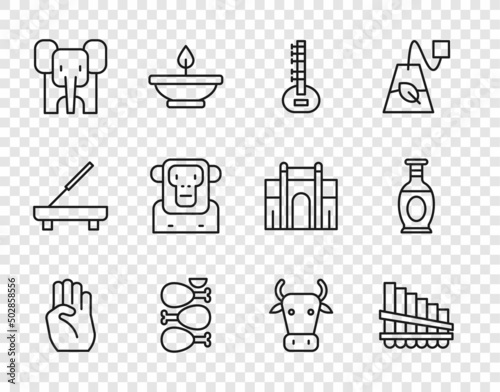 Set line Indian symbol hand, Pan flute, Sitar, Tandoori chicken, Elephant, Monkey, Cow and vase icon. Vector