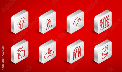 Set line Tandoori chicken, Hands in praying position, Kite, Instrument tabla, India Gate Delhi, Christian cross, Indian headgear turban and man dress icon. Vector
