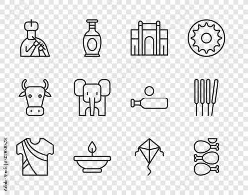 Set line Indian man dress, Tandoori chicken, Gate in Delhi, Aroma lamp, plays flute, Elephant, Kite and sticks, incense icon. Vector