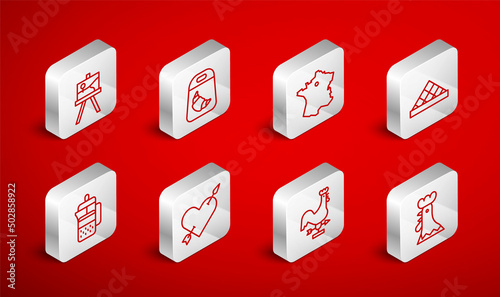 Set line French rooster, Croissant package, Map of France, Louvre museum, Rooster weather vane, Easel or painting art boards, Amour with heart and arrow and press icon. Vector
