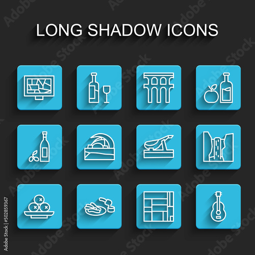 Set line Olives on plate, Churros and chocolate, Picture art, House Edificio Mirador, Spanish guitar, Concert hall de Tenerife, Algar waterfall and jamon icon. Vector