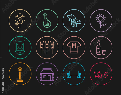 Set line Glass with vodka, Vodka pepper and glass, Branch viburnum, Wheat, Ukrainian trident, Poppy flower, Embroidered shirt and Bandura icon. Vector