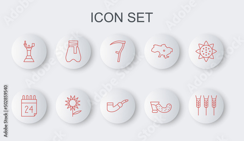 Set line Wheat, Independence day of Ukraine, Scythe, Glass with vodka, Mother Motherland monument, Cossack pants, Sunflower and Smoking pipe icon. Vector