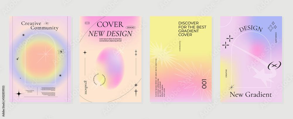 Abstract gradient fluid liquid cover template. Set of modern poster with vibrant graphic color, hologram, circle bubbles, star elements. Minimal style design for brochure, flyer, wallpaper, banner. - obrazy, fototapety, plakaty 