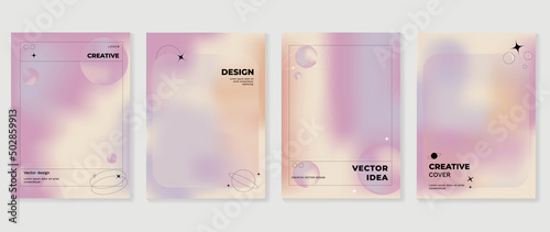 Abstract gradient fluid liquid cover template. Set of modern poster with vibrant graphic color, hologram, circle bubbles, star elements. Minimal style design for brochure, flyer, wallpaper, banner.