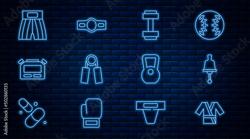 Set line Japanese costume Kimono, Ringing bell, Dumbbell, Sport expander, Stopwatch, Boxing short, Kettlebell and belt icon. Vector