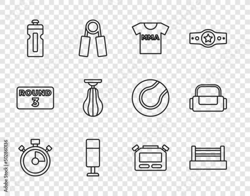 Set line Stopwatch, Boxing ring, T-shirt with fight club MMA, Punching bag, Fitness shaker, and Sport icon. Vector