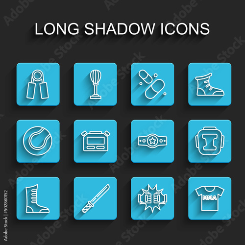Set line Sport boxing shoes, Japanese katana, expander, Punch gloves, T-shirt with fight club MMA, Stopwatch, Boxing helmet and belt icon. Vector