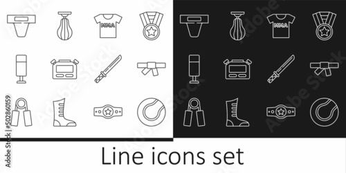 Set line Tennis ball, Black karate belt, T-shirt with fight club MMA, Stopwatch, Punching bag, Groin guard, Japanese katana and icon. Vector