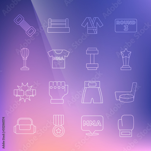 Set line Boxing glove, Ice hockey stick and puck, Award cup, Japanese costume Kimono, T-shirt with fight club MMA, Punching bag, Chest expander and Dumbbell icon. Vector