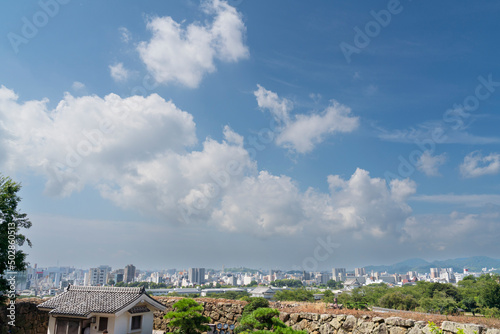姫路城の上から撮影した石垣と城下町の全景