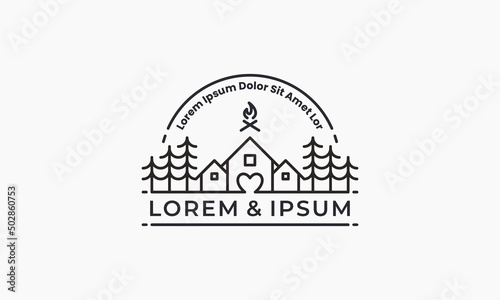 vector graphic illustration design for badge stamp logo, line art style with house, heart love, and some pines trees in outdoor camp life