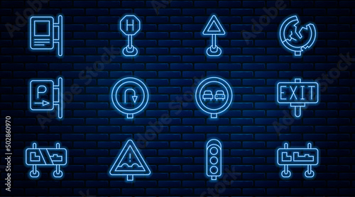 Set line Road traffic sign, Fire exit, Triangle warning blank, Turn back road, Parking, No overtaking and Hospital icon. Vector