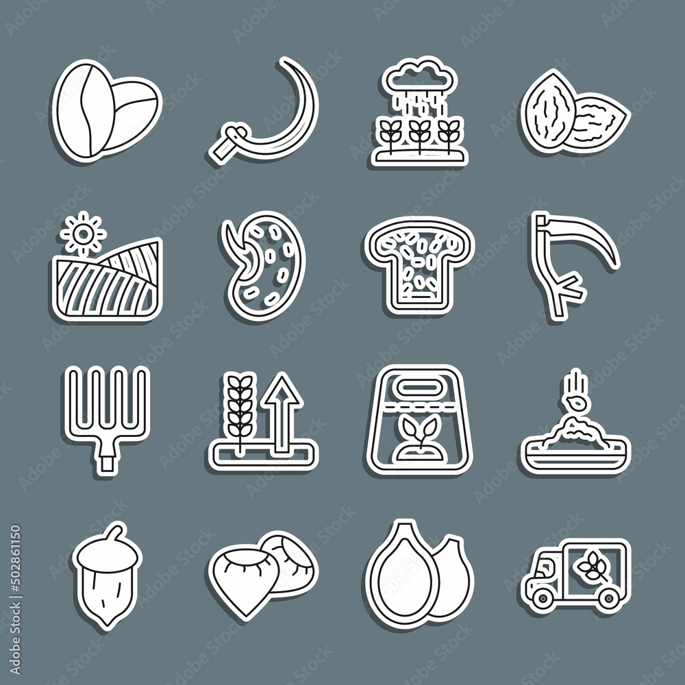 Set line Flour truck, Seed, Scythe, Plant sprouts grow in rain, Agriculture wheat field, Coffee beans and Bread toast icon. Vector