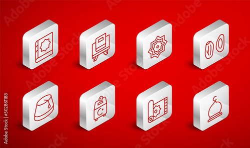 Set line Muslim Mosque, Holy book of Koran, Octagonal star, Date fruit, Traditional carpet, Donate pay your zakat and Turkish hat icon. Vector
