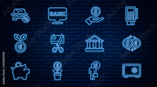 Set line Safe, Money exchange, Hand giving money, Scissors cutting credit card, Euro plant, Car leasing percent, Bank building and icon. Vector