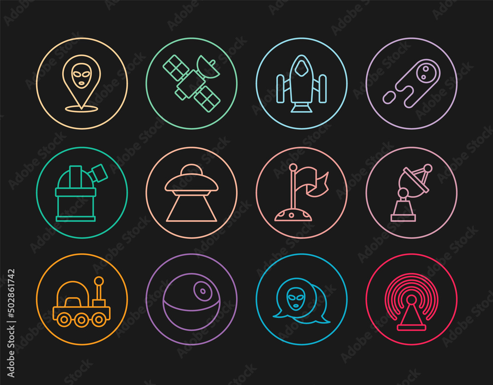 Set line Radar, Satellite dish, Rocket ship, UFO flying spaceship, Astronomical observatory, Alien, Moon with flag and icon. Vector Set line Radar, Satellite dish, Rocket ship, UFO flying spaceship, Astronomical observatory, Alien, Moon with flag and icon. Vector