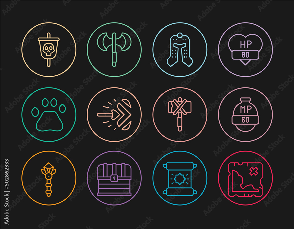 Set line Pirate treasure map, Video game bar, Medieval helmet, Magic arrow, Bear paw footprint, flag, axe and poleaxe icon. Vector Set line Pirate treasure map, Video game bar, Medieval helmet, Magic arrow, Bear paw footprint, flag, axe and poleaxe icon. Vector