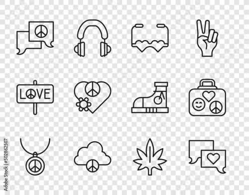 Set line Necklace with peace symbol  Speech bubble chat  Heart shaped love glasses  Peace cloud  Love  Marijuana and Suitcase for travel icon. Vector