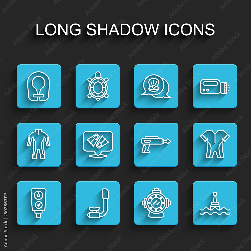 Set line Gauge scale, Snorkel, Life jacket, Aqualung, Floating buoy, Flippers for swimming, Wetsuit scuba diving and Fishing harpoon icon. Vector Set line Gauge scale, Snorkel, Life jacket, Aqualung, Floating buoy, Flippers for swimming, Wetsuit scuba diving and Fishing harpoon icon. Vector