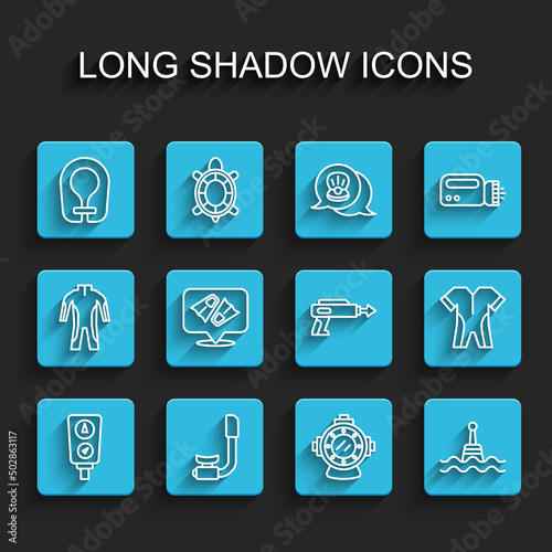 Set line Gauge scale, Snorkel, Life jacket, Aqualung, Floating buoy, Flippers for swimming, Wetsuit scuba diving and Fishing harpoon icon. Vector