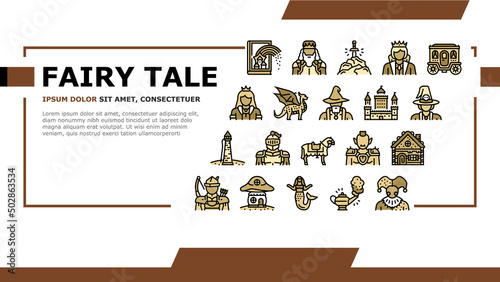 Fairy Tale Magical Story Book Landing Web Page Header Banner Template Vector. Fairy Tale Witch And Goblin, Kingdom Castle Building Gingerbread House, Magic Dragon Horse, Djinn Lamp Sword Illustration