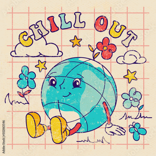 Old sharpen poster, tee, t shirt and sticker with groovy Earth character in trendy retro cartoon style. 70's Funny globe with fun slogan: Chill out. Good vibes and smiley face