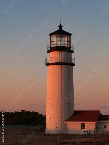 pre-dawn winter sunrise mage of the Highland Cape Cod Lighthouse on Cape Cod