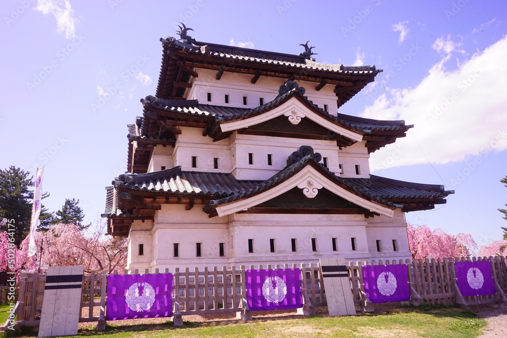 Hirosaki Castle surrounded by Pink Sakura or Cherry Blossom in Aomori, Japan - 日本 青森 弘前城 桜の花 Hirosaki Castle surrounded by Pink Sakura or Cherry Blossom in Aomori, Japan - 日本 青森 弘前城 桜の花