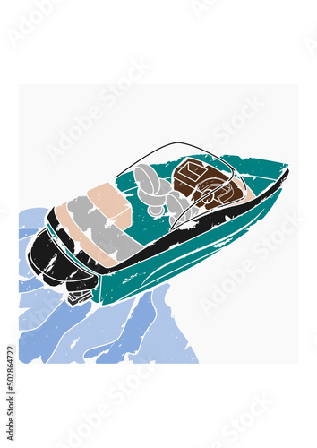 Editable Top Back Oblique View American Bowrider Boat on Water Vector Illustration in Brush Strokes Style for Artwork Element of Transportation or Recreation Related Design