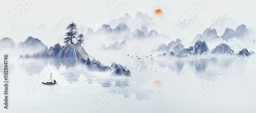 Chinese style blue artistic conception ink landscape illustration book