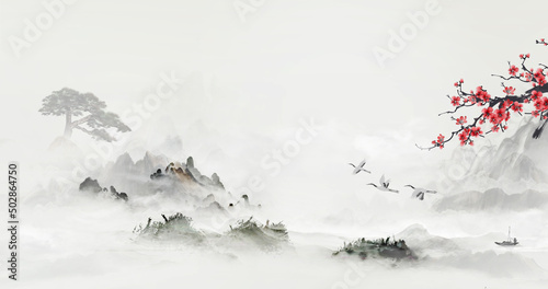 Chinese ink landscape plum blossom background picture