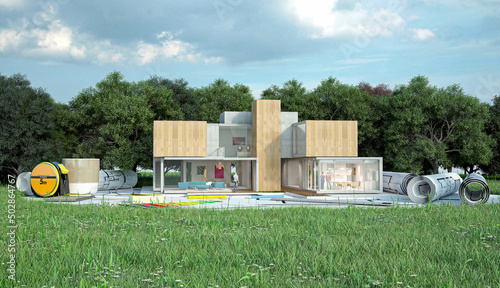 Designer house project on construction site