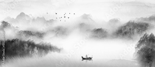 The artistic conception and elegant background of Chinese style ink landscape painting