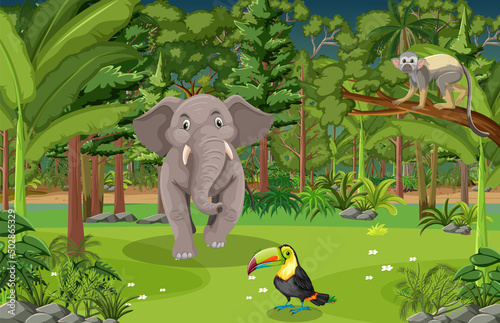 Forest scene with various wild animals