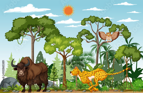 Group of wild animals in nature forest scene