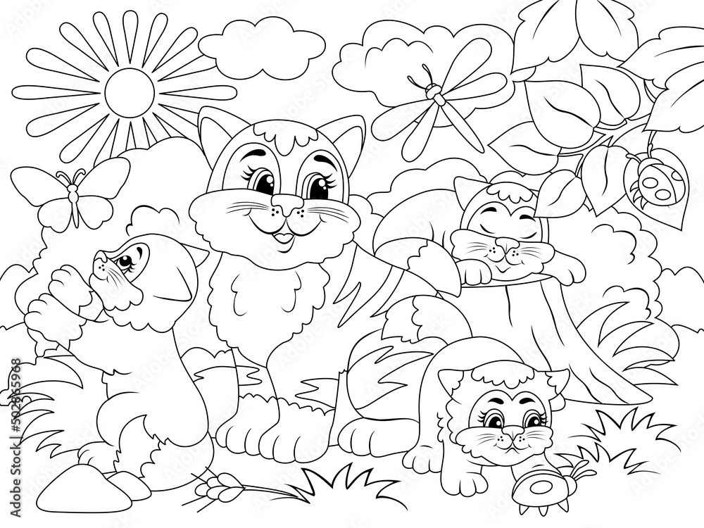 Mother cat and kittens play. Nature on the background. Vector illustration, children coloring book. Mother cat and kittens play. Nature on the background. Vector illustration, children coloring book.