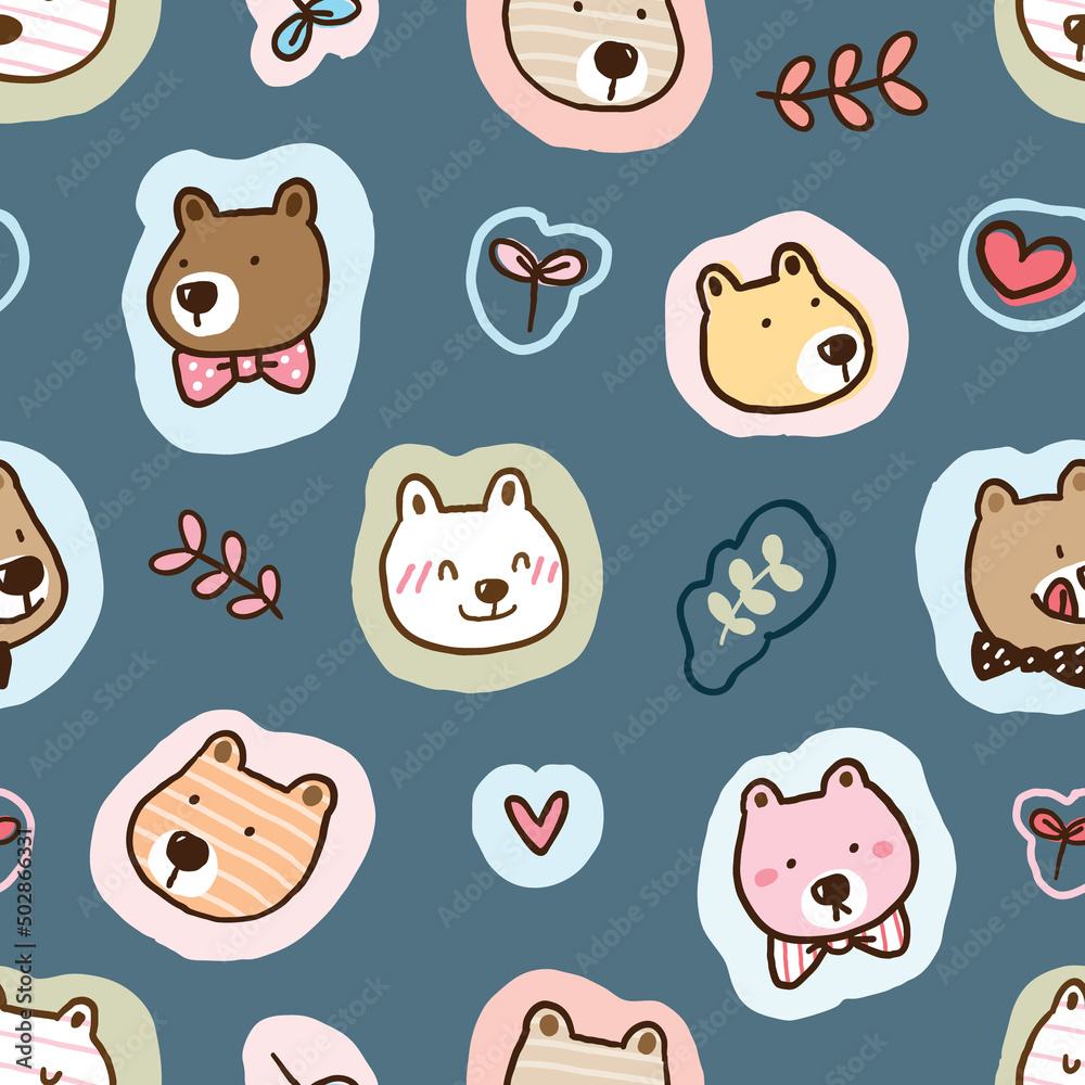 Seamless Pattern with Hand Drawn Cartoon Bear Face, Leaf and Heart Design on Deep Blue Background Seamless Pattern with Hand Drawn Cartoon Bear Face, Leaf and Heart Design on Deep Blue Background